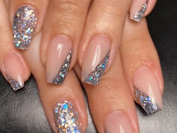 The Glitz and Glam Duo – Glittery Look on French Tips with Coffin Nails